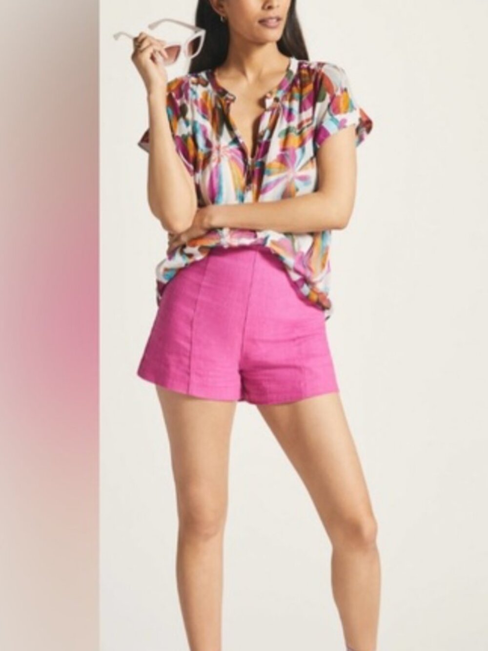 Anthropologie Multicolored Floral Short-Sleeve Henley Blouse